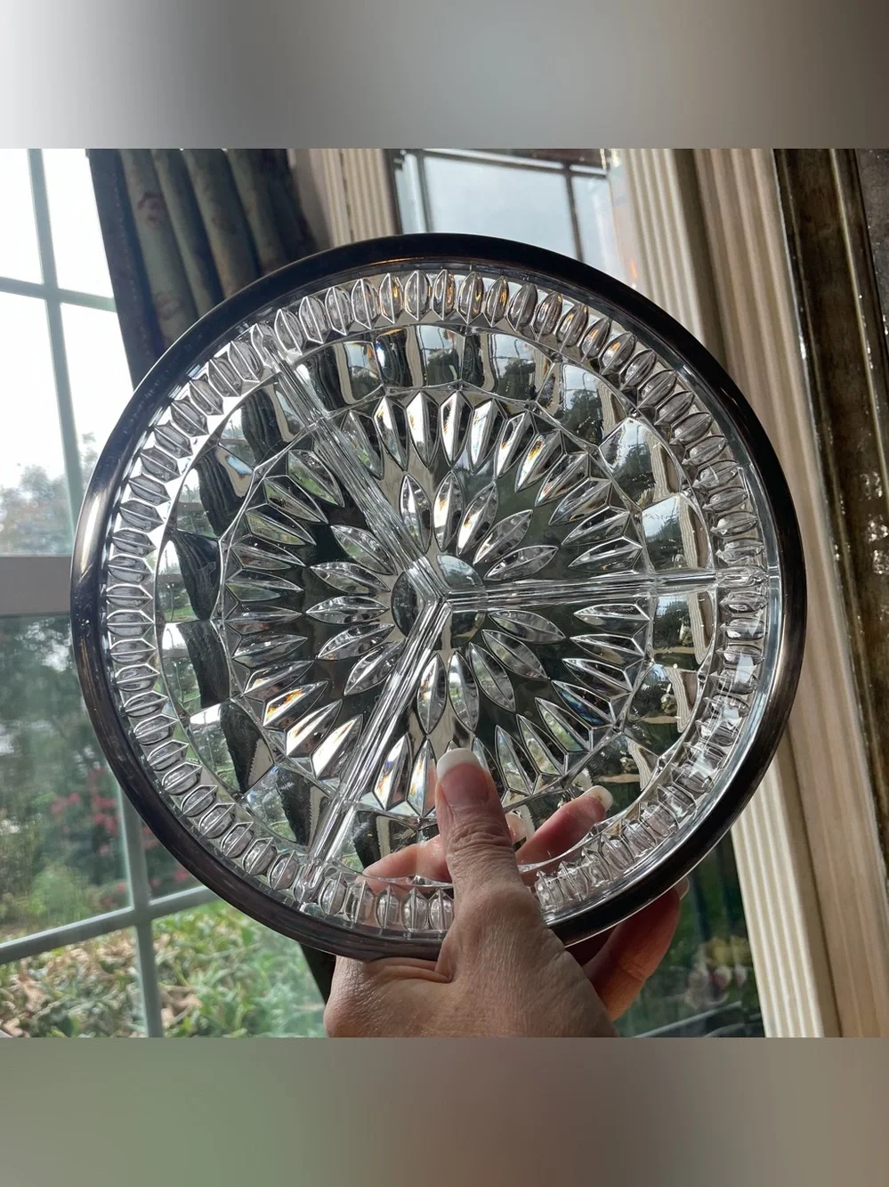 Faceted cut glass round serving dish silver rim Hollywood Regency